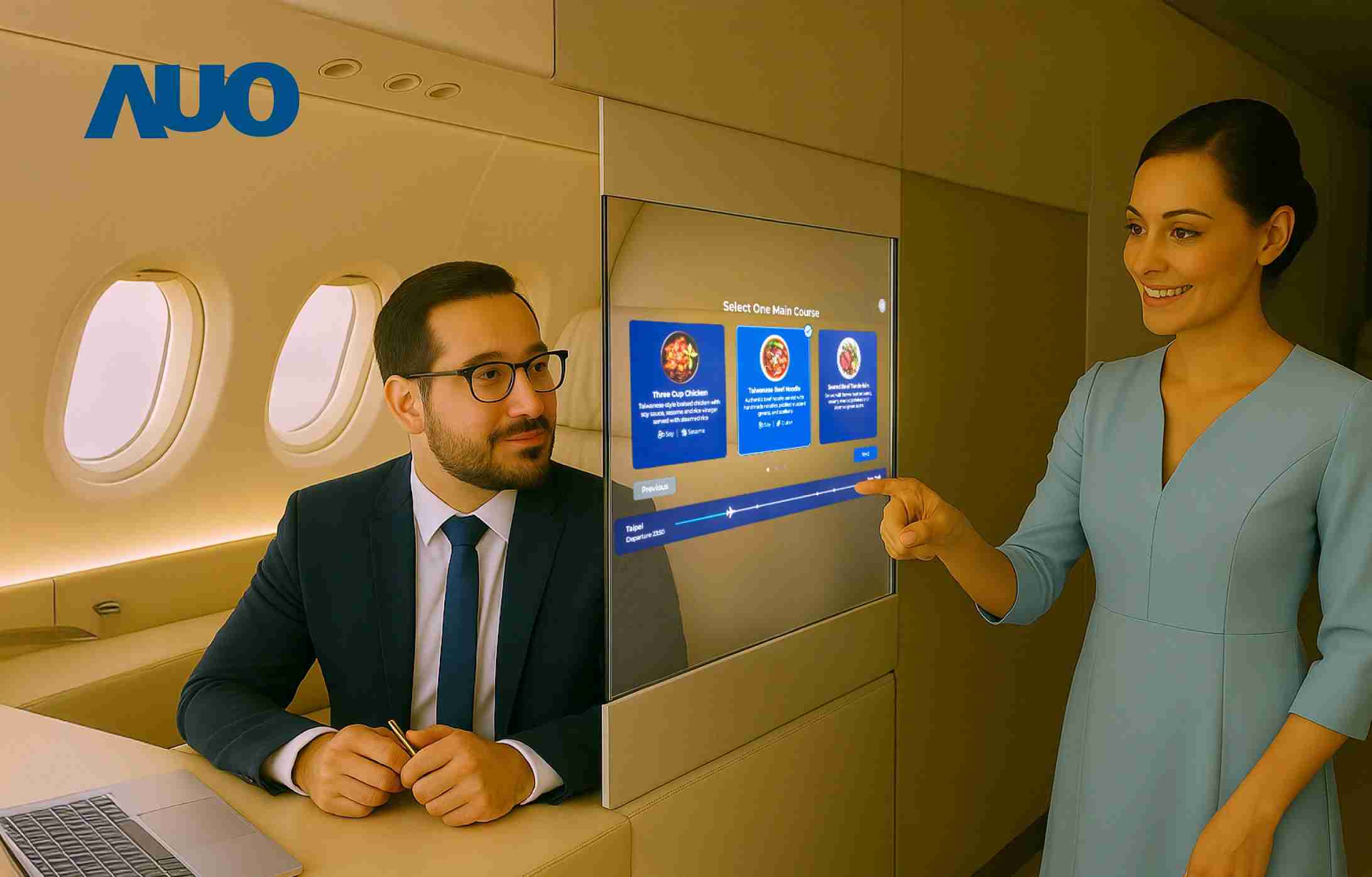 CG电子研发全球最薄17.3 吋双面透明 Micro LED 显示器，，可在同一屏幕之双边投射不同信息，，创造独特的”透明化”互动；图为实时翻译交流应用情境